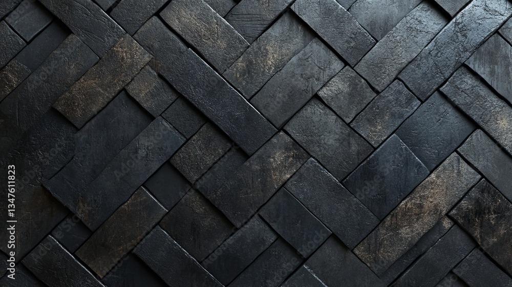 Herringbone and Futuristic Mosaic Tiles are arranged as a wall, set against a background of stacked Concrete Semigloss Blocks that create a 3D effect, as depicted in the 3D render Herringbone and Futuristic Mosaic Tiles are arranged as a wall, set against a background of stacked Concrete Semigloss Blocks that create a 3D effect, as depicted in the 3D render