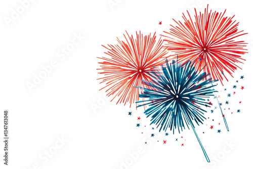 Festive Fireworks Display in Red, White and Blue Colors, cut out transparent