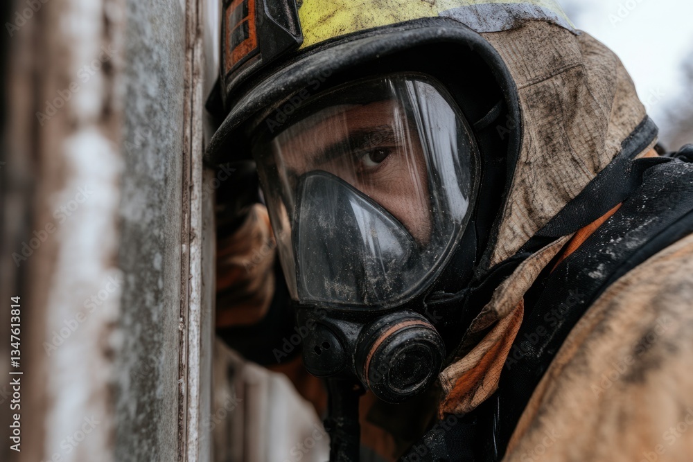 Firefighter Wearing Mask During Rescue Operation Firefighter Wearing Mask During Rescue Operation