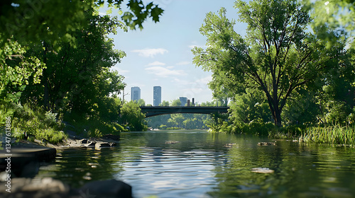 Green Trees Framing River Reflecting City Bridge And Blue Sky On A Sunny Day