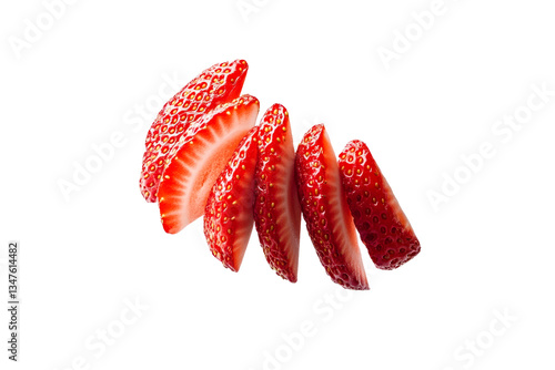 Fresh strawberry slices on black background, vibrant and juicy, cut out transparent