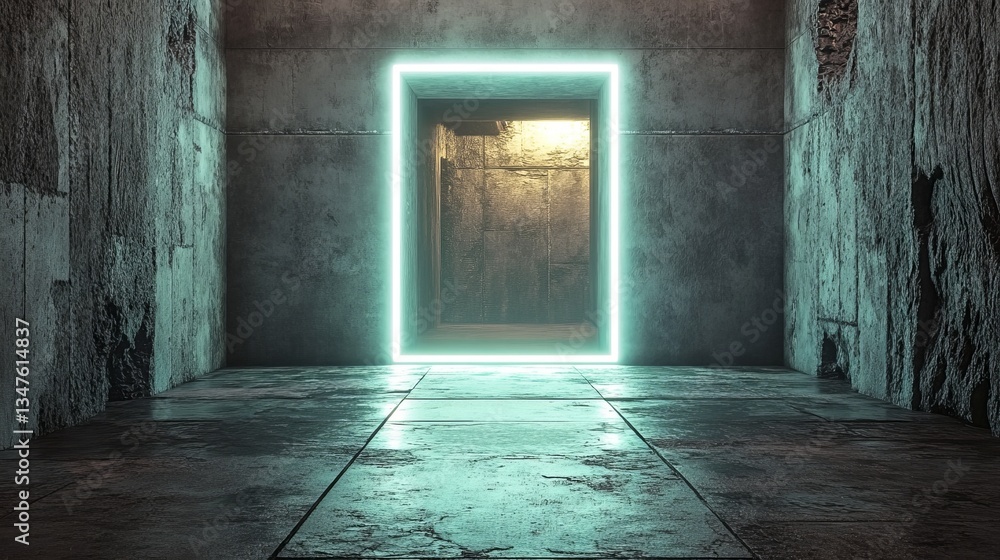 Obraz premium A 3D render presents a minimalist tech background that includes a raised square with an illuminated white edge, paired with a white surface featuring an embossed 3D shape