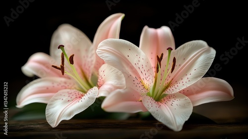 Two delicate pink lilies on rustic wood