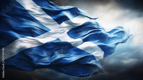 Dramatic scottish saltire. The flag of scotland waving in a dark, cloudy sky