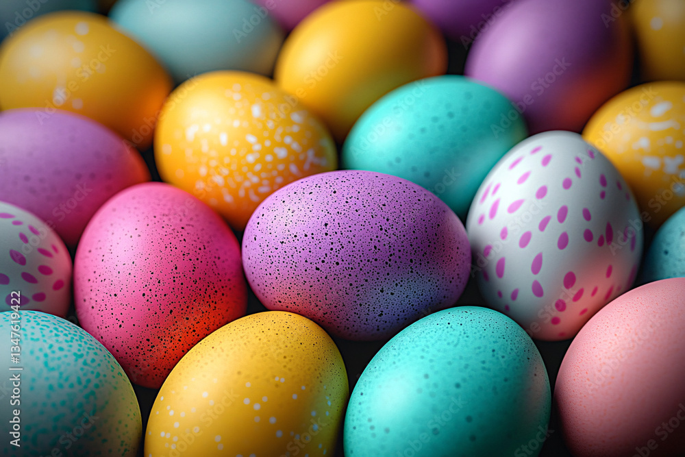 A vibrant collection of colorful, painted Easter eggs, ideal for springtime promotions, Easter celebrations, or festive decorations, conveying a sense of abundance and cheer. A vibrant collection of colorful, painted Easter eggs, ideal for springtime promotions, Easter celebrations, or festive decorations, conveying a sense of abundance and cheer.
