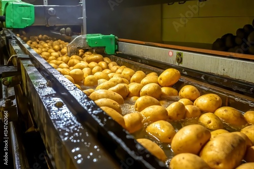 Freshly harvested potatoes are being cleaned and processed on a conveyor belt system within a modern food processing facility, ensuring hygiene and quality for packaging or further processing