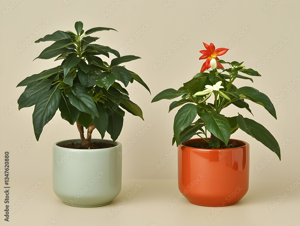 Fototapeta premium Two potted flowering plants, indoor studio shot, beige background, home decor
