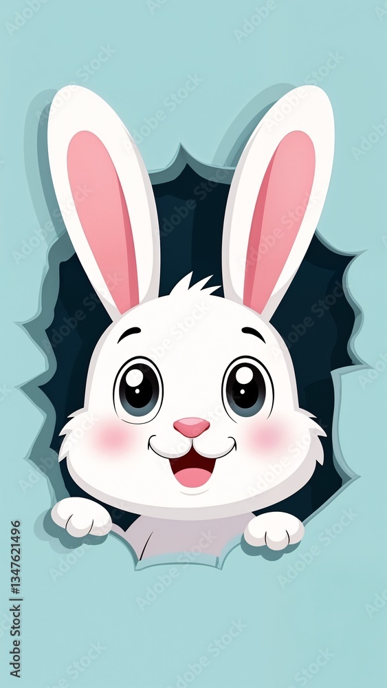 A cartoon rabbit peeking out of a hole in a blue background. A cartoon rabbit peeking out of a hole in a blue background.