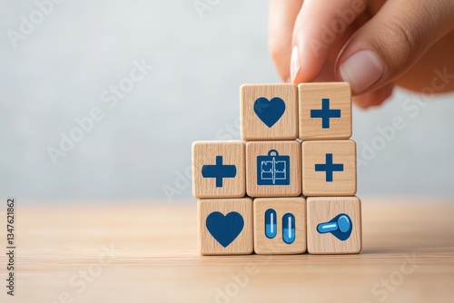 Wooden cubes with blue medical icons being arranged by hand on soft beige background for healthcare management and wellness inspiration