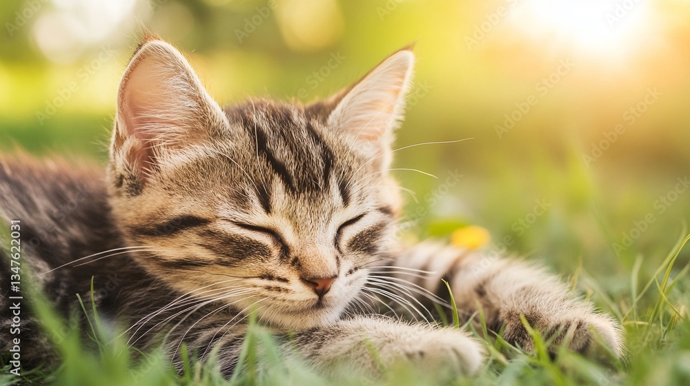 Fototapeta premium National Pet Day, Adorable Tabby Kitten Sleeping Peacefully in Sunny Grass
