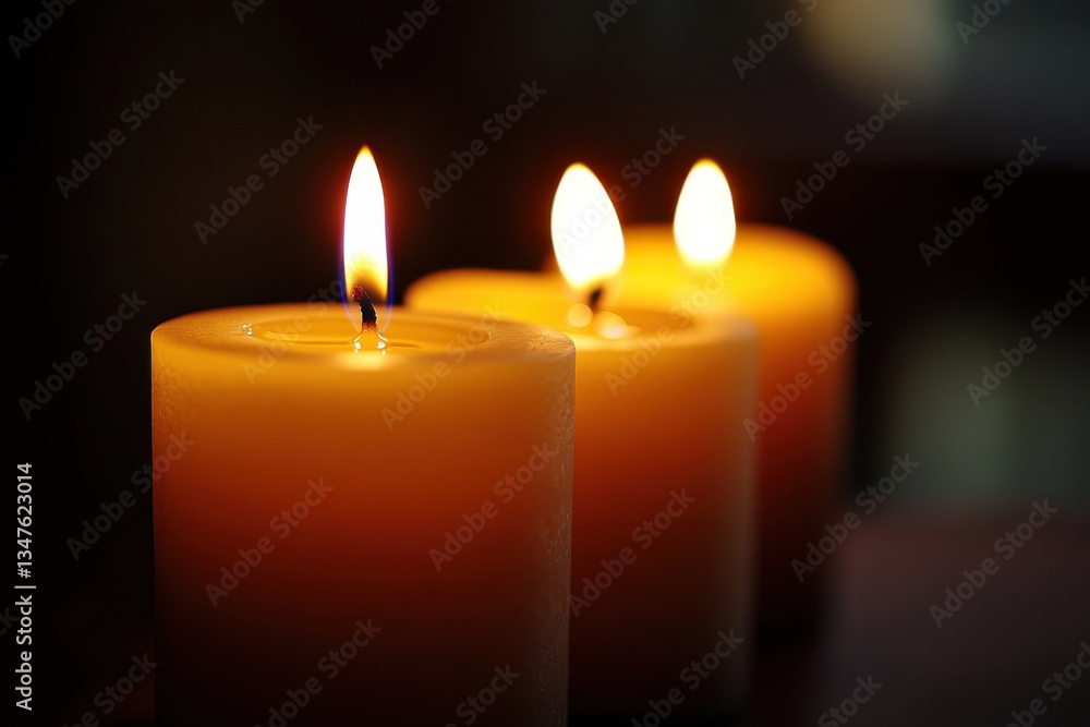 Close-up photography of three candles with soft yellow flames against a dark background capturing a serene still-life scene with rich chiaroscuro and warm golden hues for a meditative ambiance Close-up photography of three candles with soft yellow flames against a dark background capturing a serene still-life scene with rich chiaroscuro and warm golden hues for a meditative ambiance