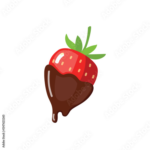 Vector illustration of a juicy strawberry dipped in rich chocolate. A delicious and sweet dessert with glossy glaze and dripping effect. Perfect for food designs, packaging, and menus.