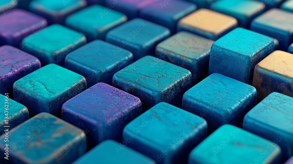 A contemporary tech background is showcased in this 3D render, where a neatly arranged multisized block wall in blue and turquoise is the focal point A contemporary tech background is showcased in this 3D render, where a neatly arranged multisized block wall in blue and turquoise is the focal point