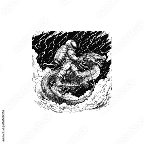 astronaut riding mighty dragon design vector template illustration