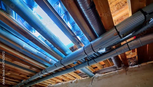 Under-house view of pipes being installed, focusing on drainage and water systems, with clear details of plumbing layout — ideal for construction, maintenance, and infrastructure themes.
