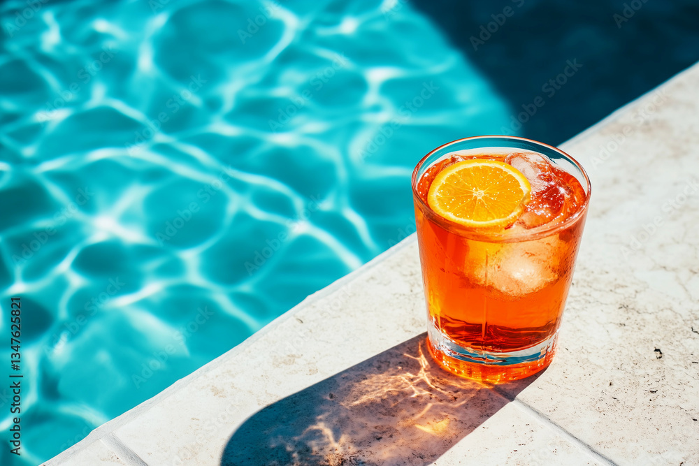Cocktail aperol spritz on the tiles edge of the pool, shadows overlay Cocktail aperol spritz on the tiles edge of the pool, shadows overlay