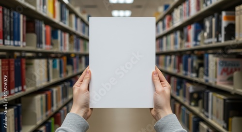 Person holding a blank white book cover in front of bookshelves in a library with lights above
