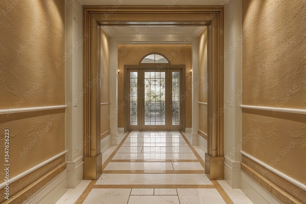 Obraz premium Textured Golden Beige Wall Panels with Ivory Tiled Entrance Background Design