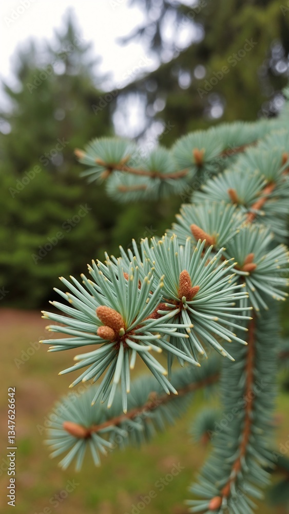 A close up of a pine tree branch with cones on it. A close up of a pine tree branch with cones on it.
