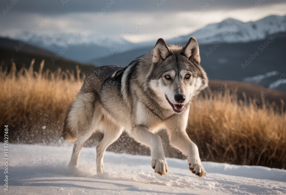Fototapeta premium Saarloos Wolfdog running in the countryside, dog in the nature, doggy playing in a snowy meadown, in the winter, with sky and snow on the grass and on the soil