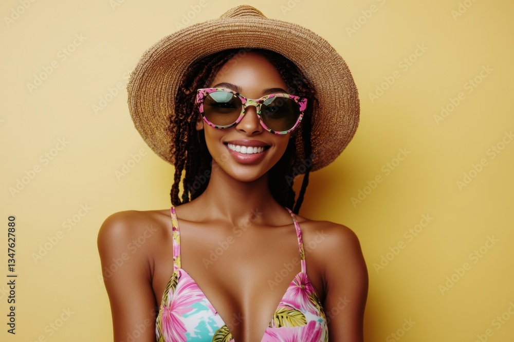 Bright summer portrait featuring a woman with sunglasses, a straw hat, and a floral bikini. Capturing a cheerful and vibrant atmosphere. Generated AI Bright summer portrait featuring a woman with sunglasses, a straw hat, and a floral bikini. Capturing a cheerful and vibrant atmosphere. Generated AI