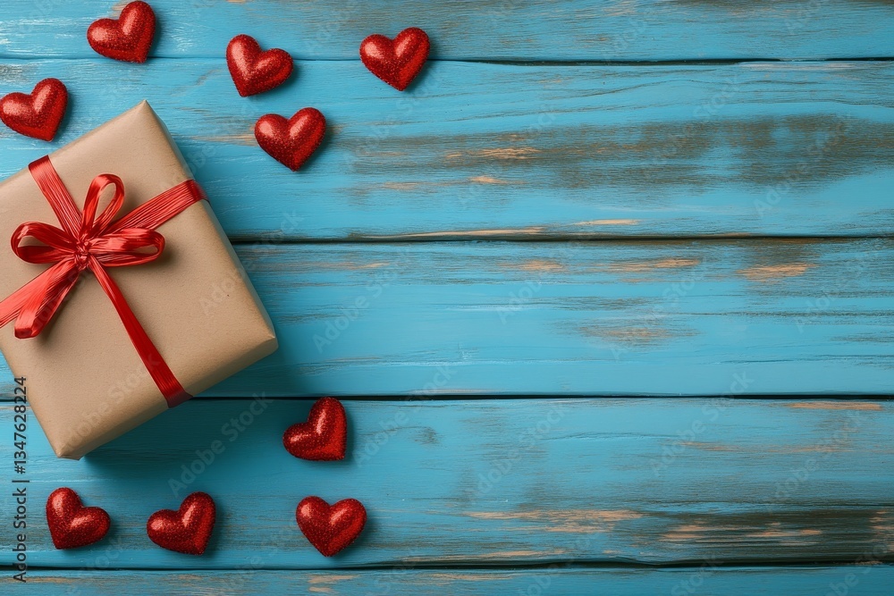 The background for Valentine's Day is depicted in a flat lay style with a gift box and red hearts seen from the top The background for Valentine's Day is depicted in a flat lay style with a gift box and red hearts seen from the top