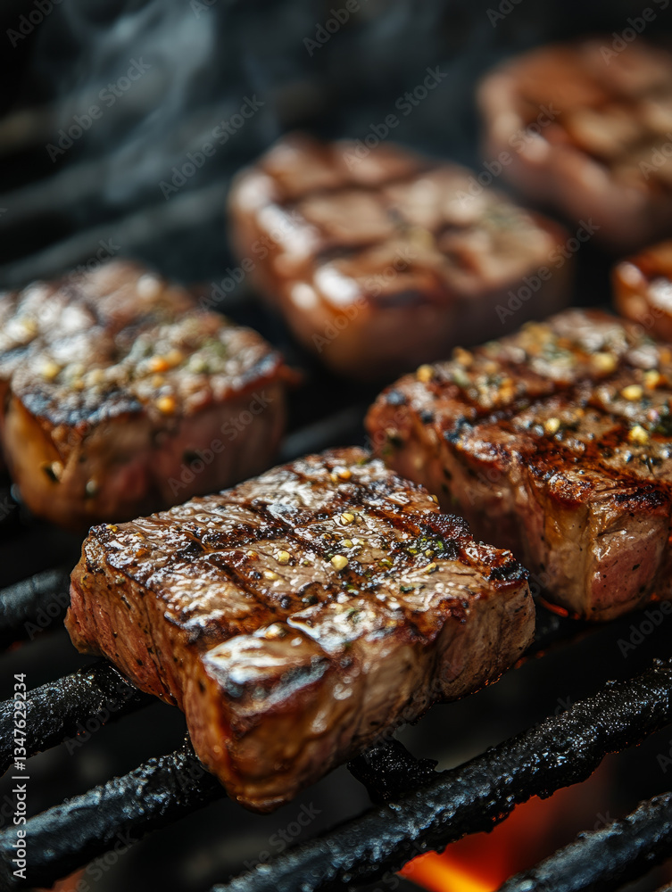 Sizzling beef steaks with grill marks over open flames. Sizzling beef steaks with grill marks over open flames.