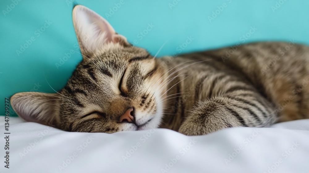 National Pet Day, Adorable Tabby Cat Sleeping Peacefully on White Bedding Close Up National Pet Day, Adorable Tabby Cat Sleeping Peacefully on White Bedding Close Up