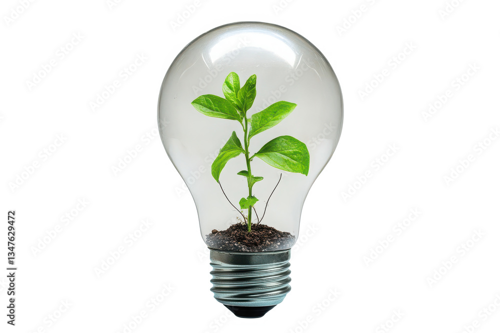 A tiny sprout of life blossoming inside a lightbulb, symbolizing sustainable growth and eco-friendly energy, captured with clear, bright lighting against a stark white backdrop. A tiny sprout of life blossoming inside a lightbulb, symbolizing sustainable growth and eco-friendly energy, captured with clear, bright lighting against a stark white backdrop.