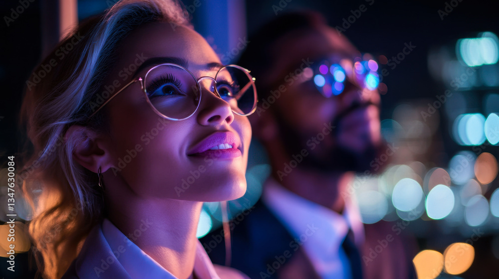 Couple enjoying a night view of the city skyline while dressed elegantly for a special occasion Couple enjoying a night view of the city skyline while dressed elegantly for a special occasion