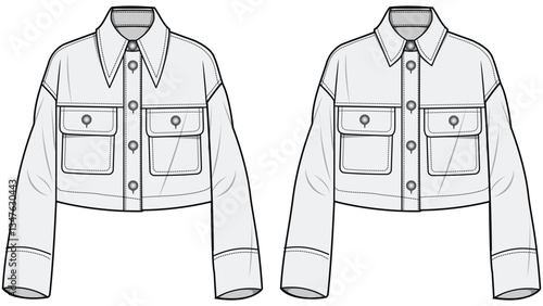 Collared Baggy Long Sleeve Crop Jacket with Pockets Fashion Illustration, Vector, CAD, Technical Drawing, Flat Drawing, Template, Mockup.