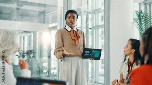 Cuadro en lienzo Collaboration, meeting and women with tablet, business and robotic process automation or screen