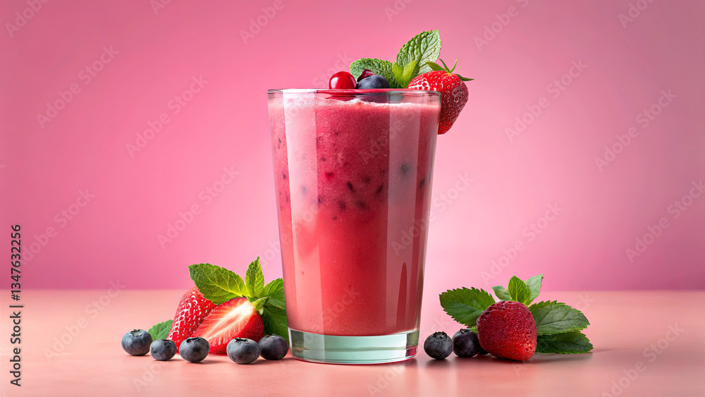A close-up of a juicy, colorful fruit smoothie in a tall glass, garnished with fresh berries and a mint leaf. The background is a solid light pink, creating a bright summer vibe A close-up of a juicy, colorful fruit smoothie in a tall glass, garnished with fresh berries and a mint leaf. The background is a solid light pink, creating a bright summer vibe