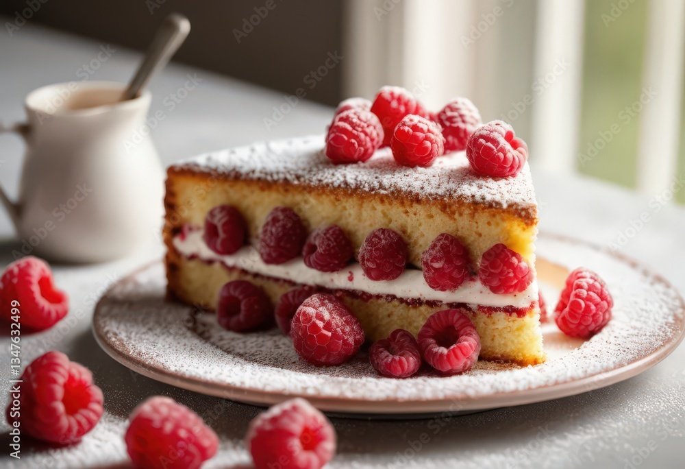 Raspberry sponge cake slice with powdered sugar. Raspberry sponge cake slice with powdered sugar.