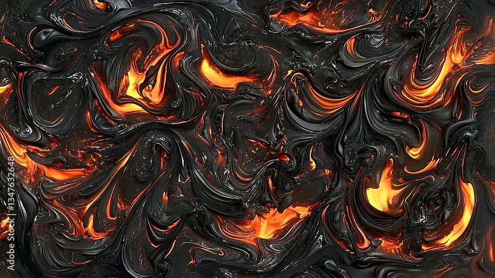 Abstract artwork showcasing swirling, fiery orange and black textures resembling molten lava and flames.