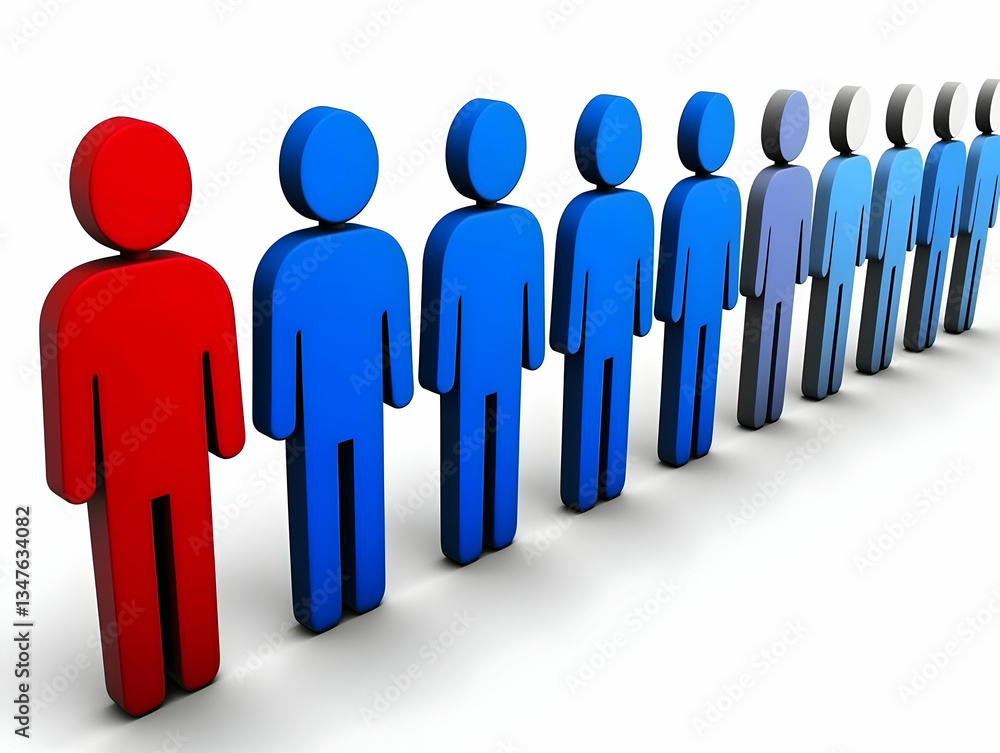Red leader guiding blue team; white background; teamwork concept; for business presentations Red leader guiding blue team; white background; teamwork concept; for business presentations