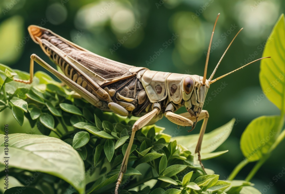Mechanical grasshopper perched on green leaves. Mechanical grasshopper perched on green leaves.