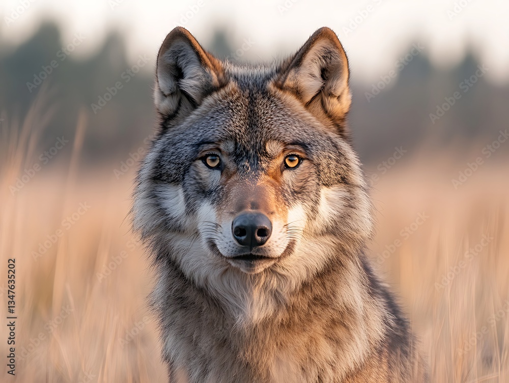 Wolf Portrait, Looking Directly at the Camera in Field Wolf Portrait, Looking Directly at the Camera in Field