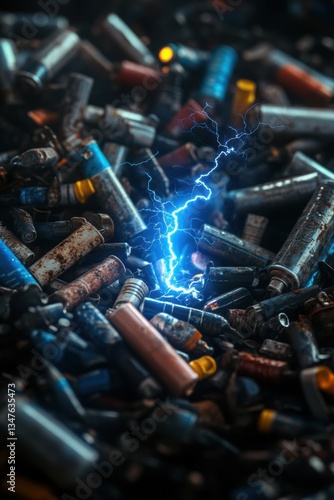 Used batteries on fire due to electric discharge short circuit. Electronic waste to be disposed.