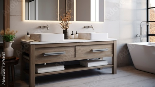 A photo of a modern bathroom vanity with double sinks