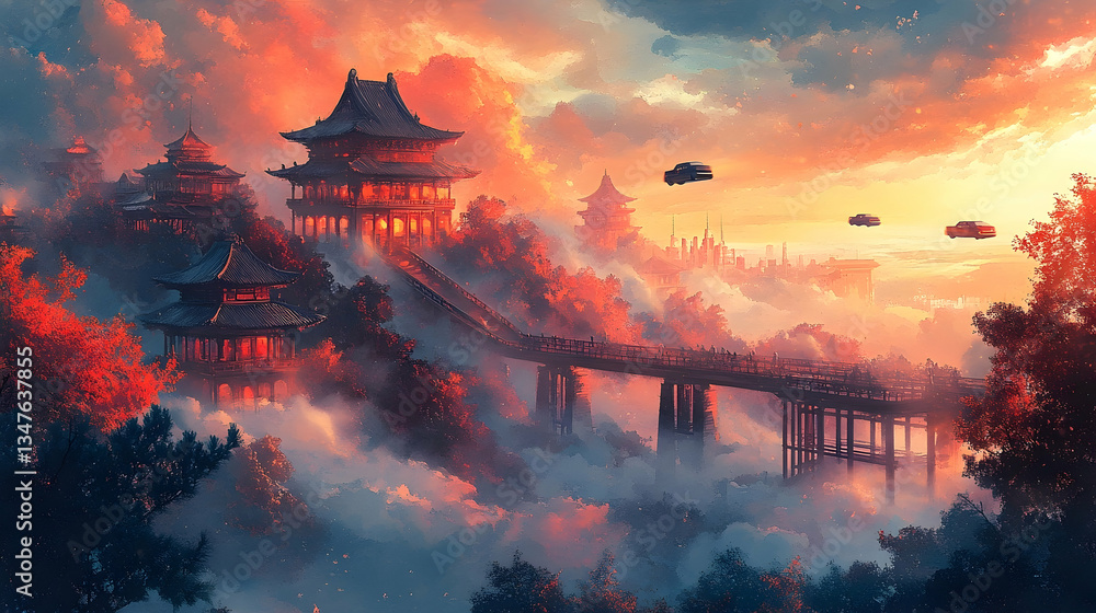 Bridge leads to serene oriental buildings atop clouds, vibrant sunset sky Bridge leads to serene oriental buildings atop clouds, vibrant sunset sky