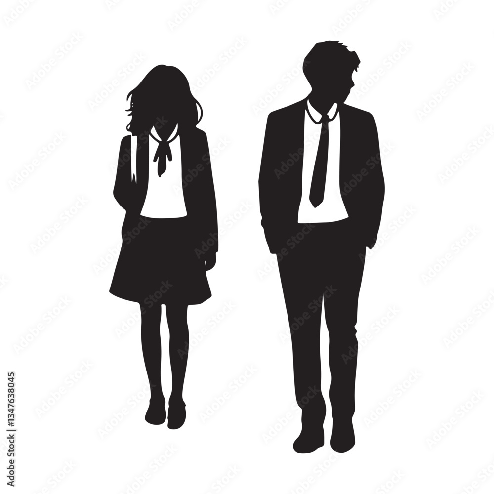 Business Attire Silhouettes: Man and Woman Walking in Formal Clothing for Professional Look Business Attire Silhouettes: Man and Woman Walking in Formal Clothing for Professional Look
