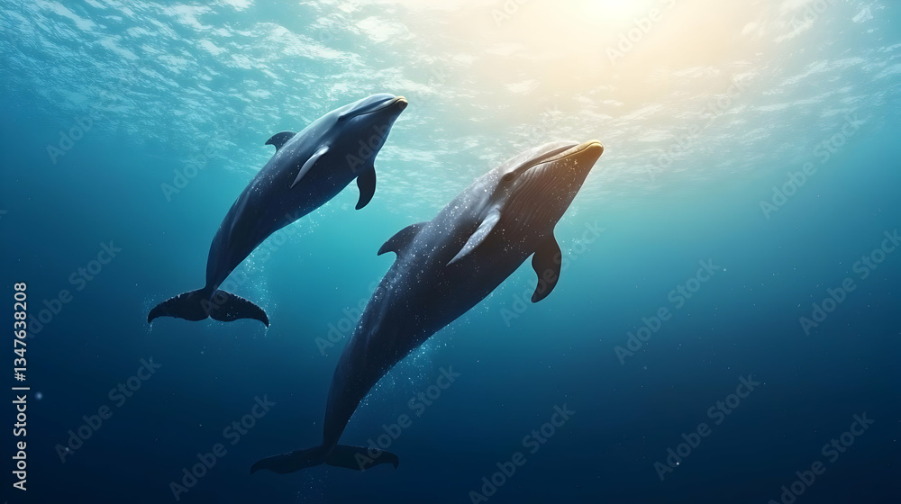 Fototapeta premium Two Dolphins Swimming Underwater