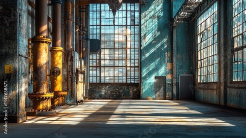 Sunlit industrial interior, abandoned factory, rusted pipes, large windows