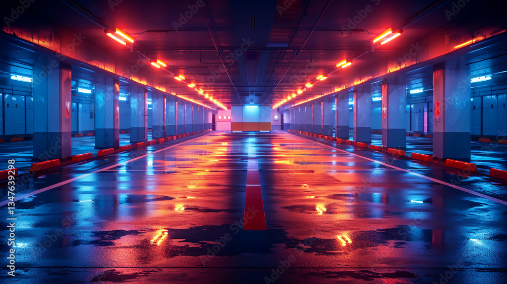Exploring a Neon-Lit Parking Garage with Reflections and Modern Architecture Exploring a Neon-Lit Parking Garage with Reflections and Modern Architecture