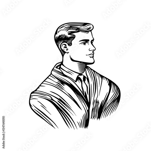 Elegant engraved illustration of a refined gentleman draped in fabric, embodying vintage charm and artistic finesse