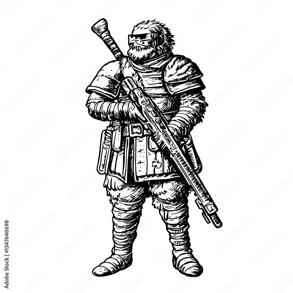 Fototapeta premium Engraved illustration of a fierce warrior with a gun in a vintage style showcasing intricate details and craftsmanship