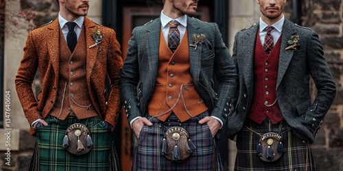 Celebrating Scottish culture through traditional attire worn by three men.