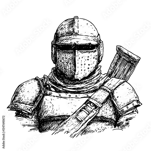 Engraved illustration of a medieval knight in armor with a sword ready for battle