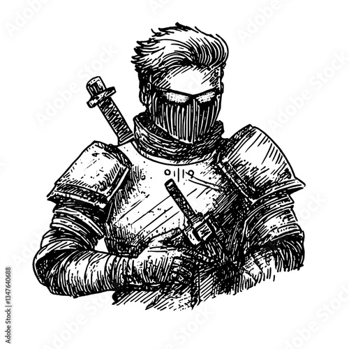 Majestic knight stands guard in intricate engraving depicting strength and valor with a vintage hand-drawn design styled in black and white
